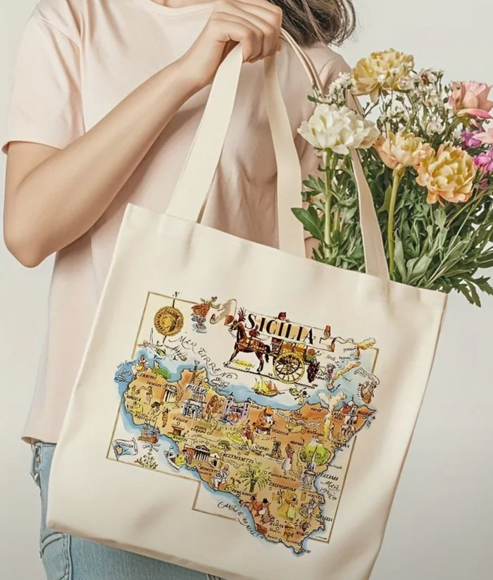 1pc Sicily Italy Map Canvas Tote Bag – Foldable, Machine Washable, (13.7x15.7in)