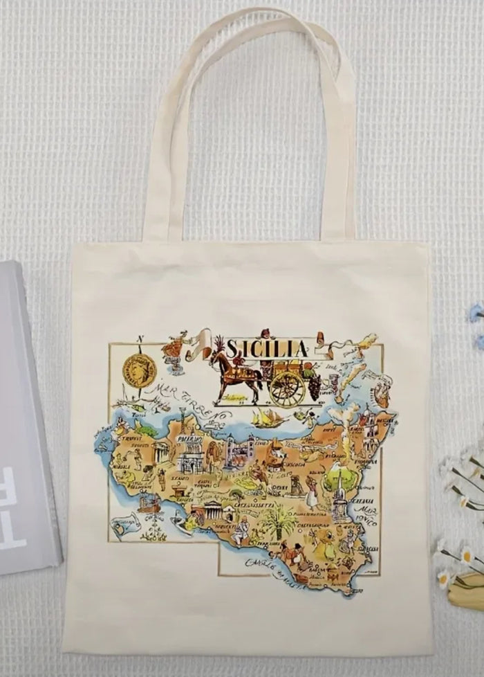 1pc Sicily Italy Map Canvas Tote Bag – Foldable, Machine Washable, (13.7x15.7in)