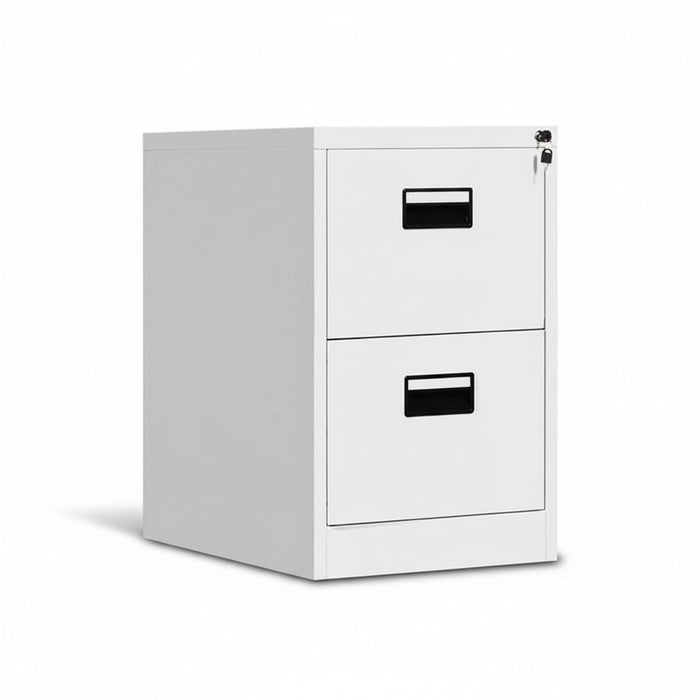 Two-drawer vertical filing cabinet, light gray with black bar handles