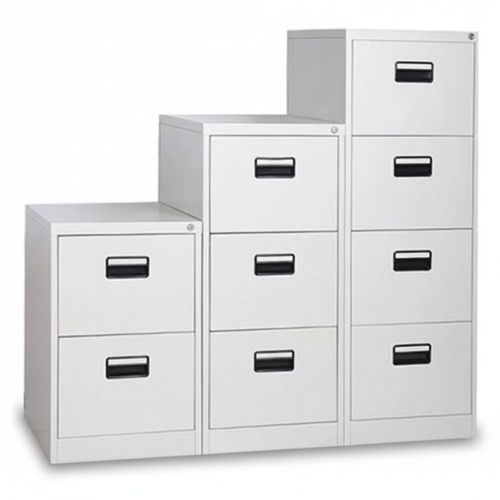 Vertical filing cabinets, light gray finish, with black bar drawer pulls