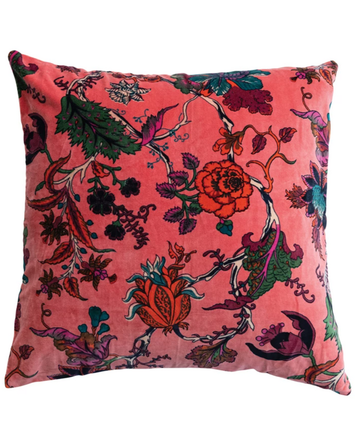 20" Square Cotton Velvet Printed Pillow with Chambray Back