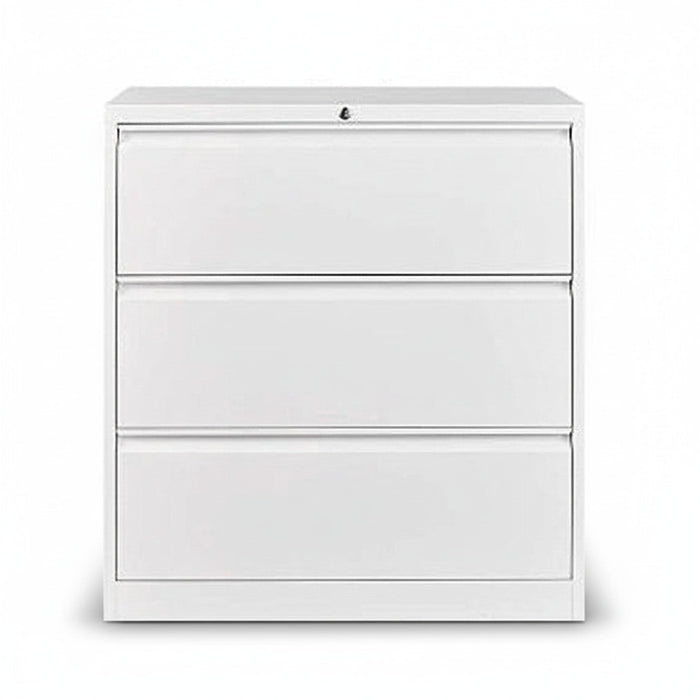 Light gray lateral filing cabinet with 3 drawers and metal bar pulls