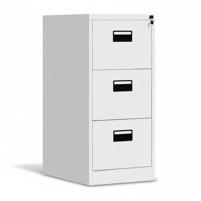 Light gray vertical filing cabinet with three drawers and black pull handles