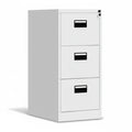 Light gray vertical filing cabinet with three drawers and black pull handles