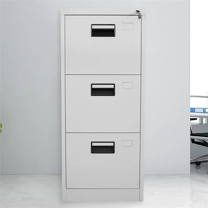 Vertical filing cabinet front view with three drawers, black handles, and top lock