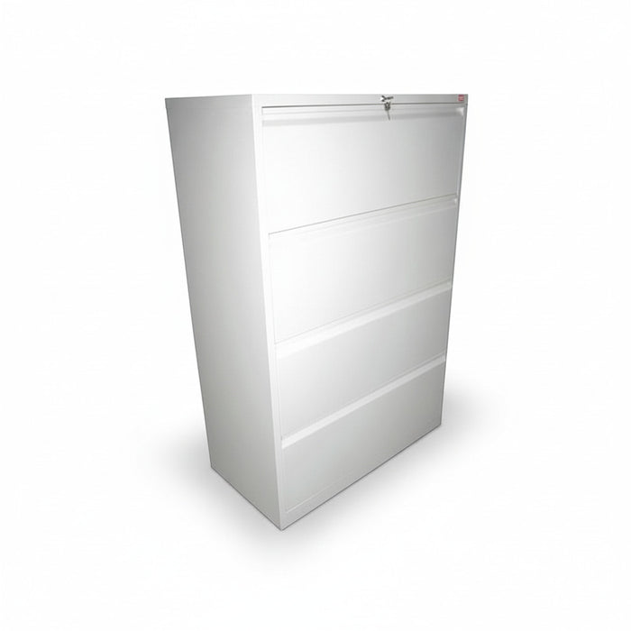 Light gray lateral filing cabinet with four drawers and drawer pulls