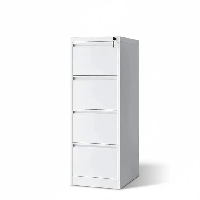 Light gray 4-drawer vertical filing cabinet by SOHO II GENEVA, front view of drawers