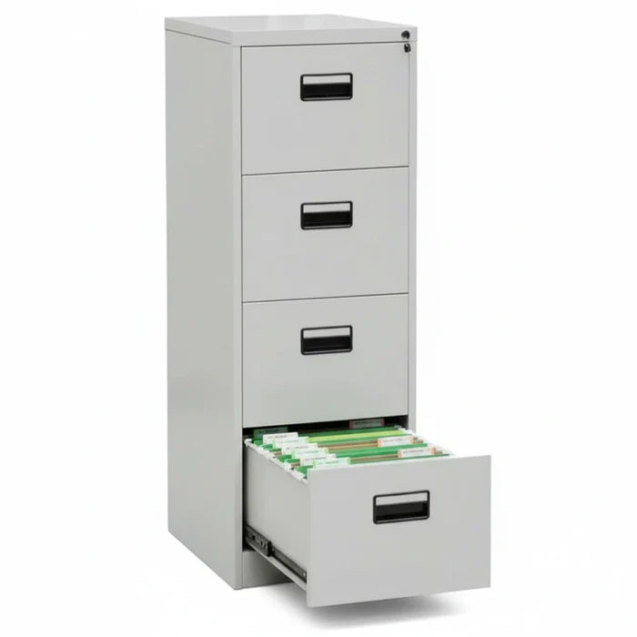 Light gray 4-drawer vertical filing cabinet with four front pull handles