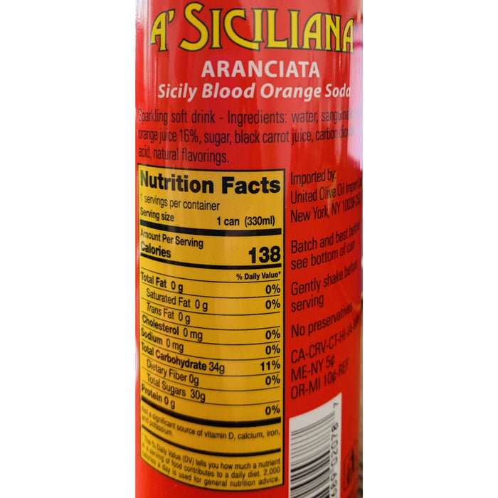 A’ SICILIANA (Aranciata Rossa) Sicilian Blood Orange Soda - 330ml (11.15fl. oz)- 24/Pack