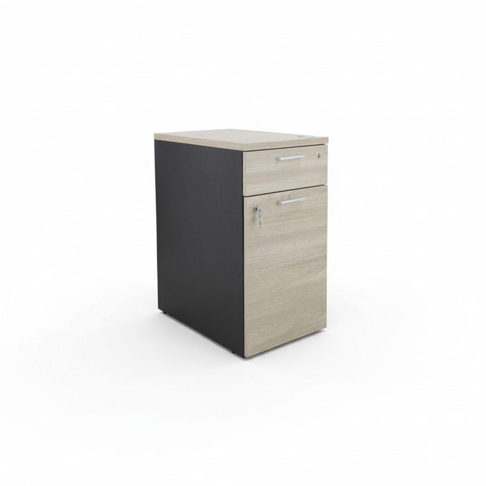 Desk height pedestal with light wood top and front drawer; black side panel and metal pull