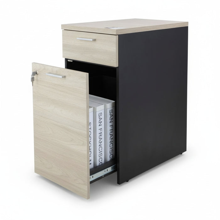 Desk height pedestal with open cabinet; light wood drawer fronts and black side panels