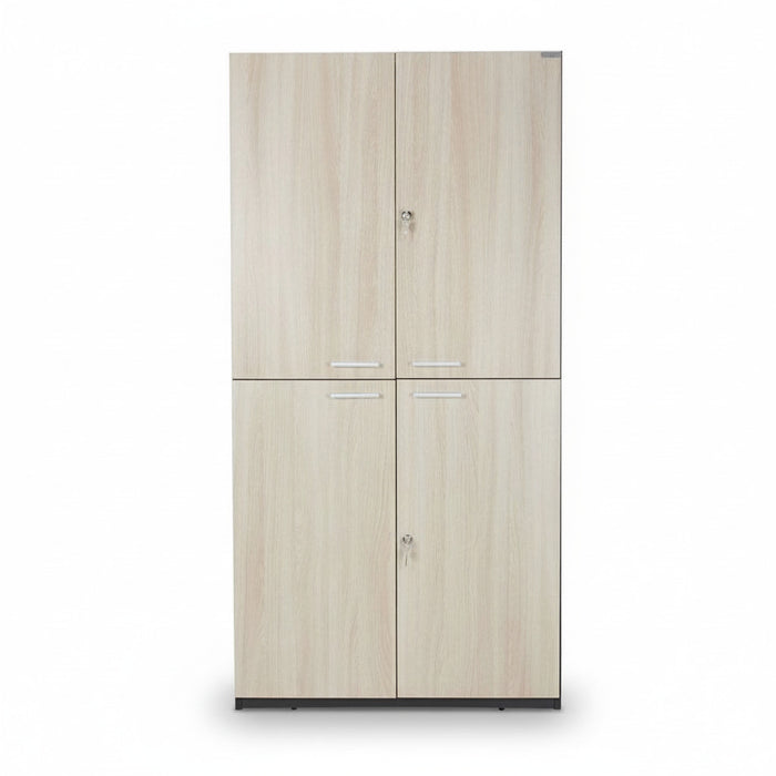 Tall cabinet with two upper and two lower door panels in light oak finish.