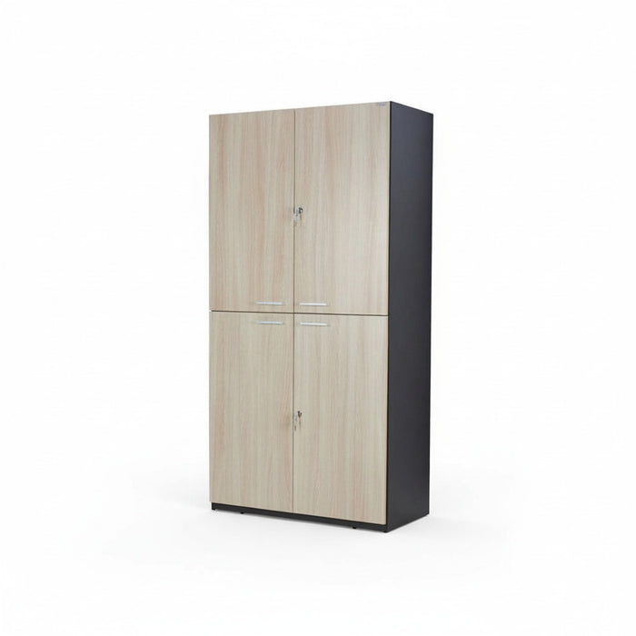 High cabinet with 4 doors, light oak panels and black side panels.