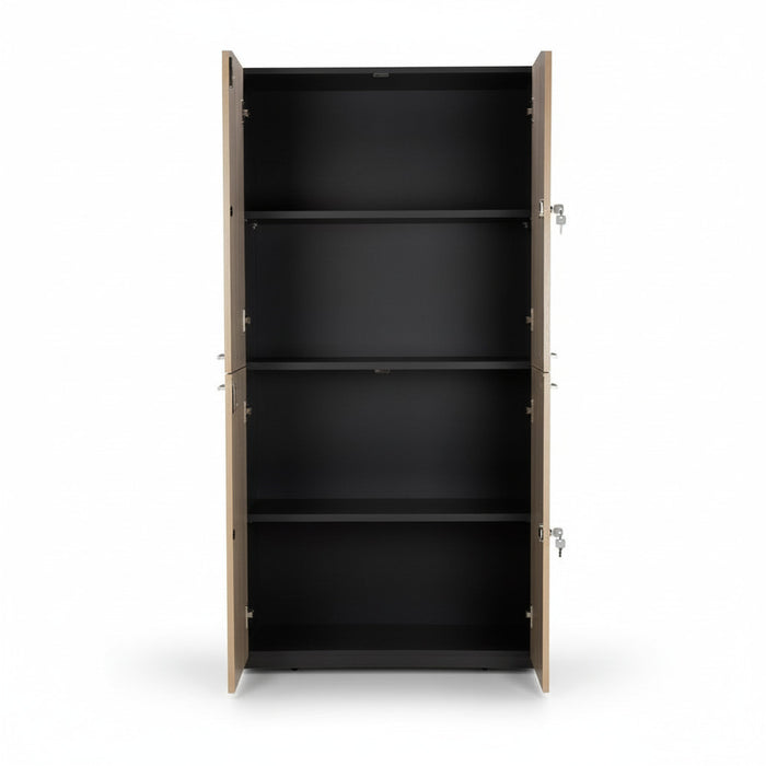 Tall cabinet with doors open, showing four black interior shelves.