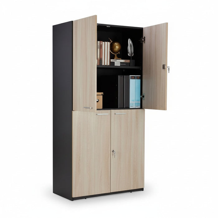 High cabinet with open doors, light oak exterior and black storage interior.