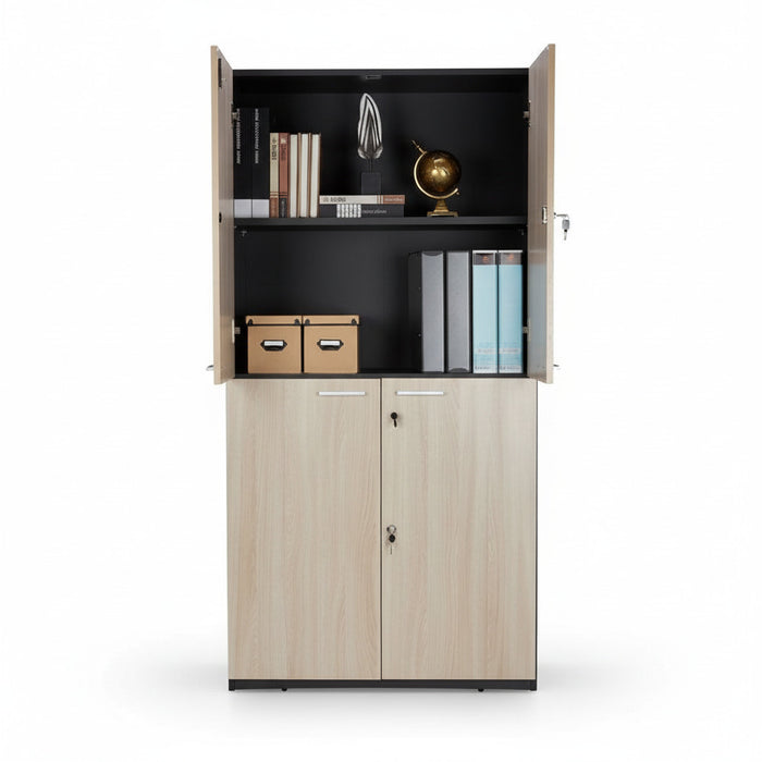 High cabinet with open doors, black shelves with books and binders inside.