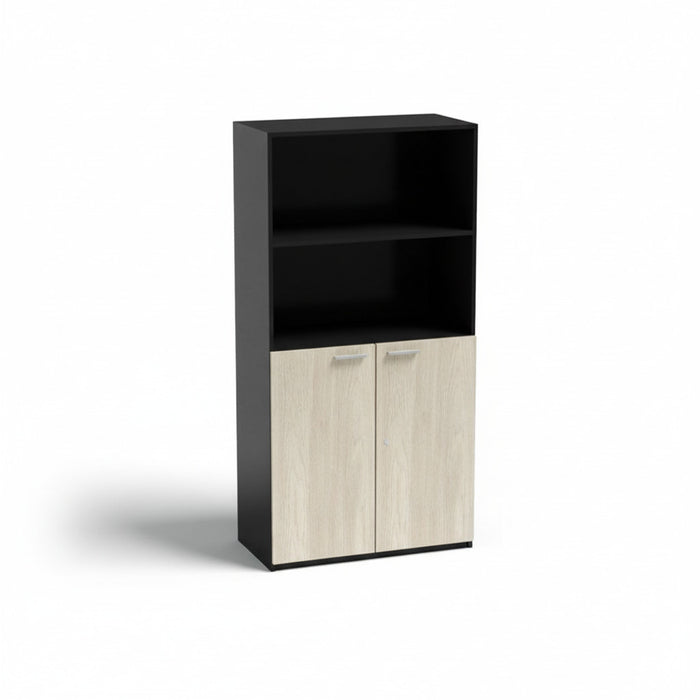 Freestanding high cabinet, black shelving section over two light wood cabinet doors