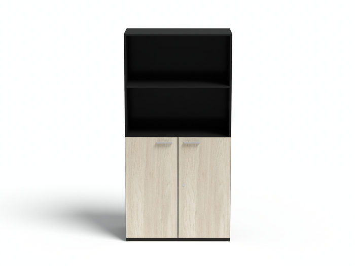 High cabinet with black top and open shelves, light wood doors with round knobs