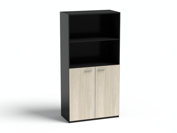 High cabinet with black frame, open shelves above, light wood two-door base