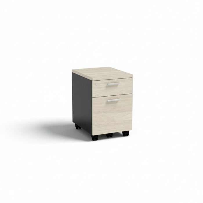 Compact mobile pedestal cabinet with light wood drawer fronts, black side panel, on casters