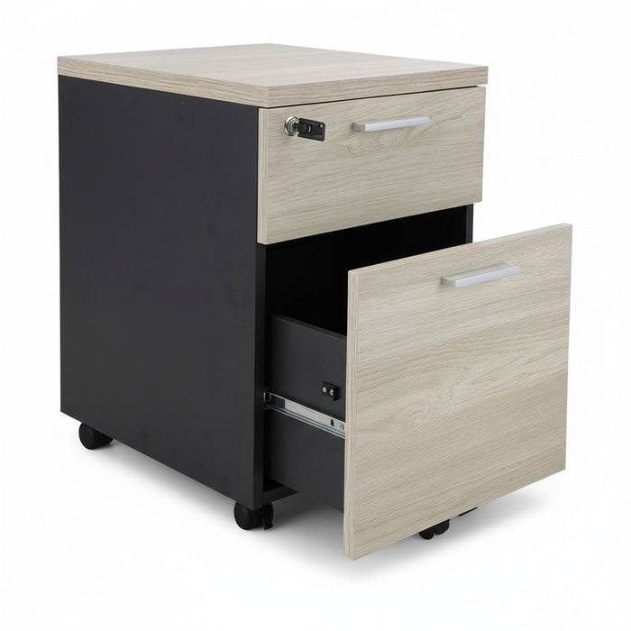 Mobile pedestal with two stacked drawers, light wood fronts and black side panels, on casters