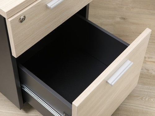 Mobile pedestal drawer unit open, showing light wood frame and dark interior base