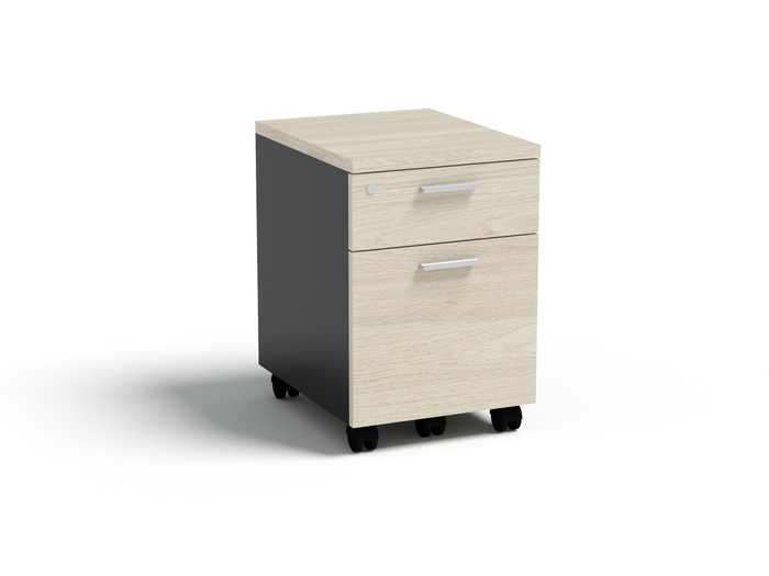Two-drawer mobile pedestal cabinet with light wood finish, black sides, and caster feet
