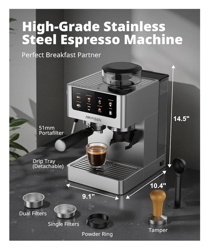 AIRMSEN Espresso Machines with Burr Grinder, 20 Bar, Milk Frother Steam Wand, Stainless Steel Coffee Maker for Home - Cappuccino Latte & Cold Brew Iced Coffee Maker & Americano