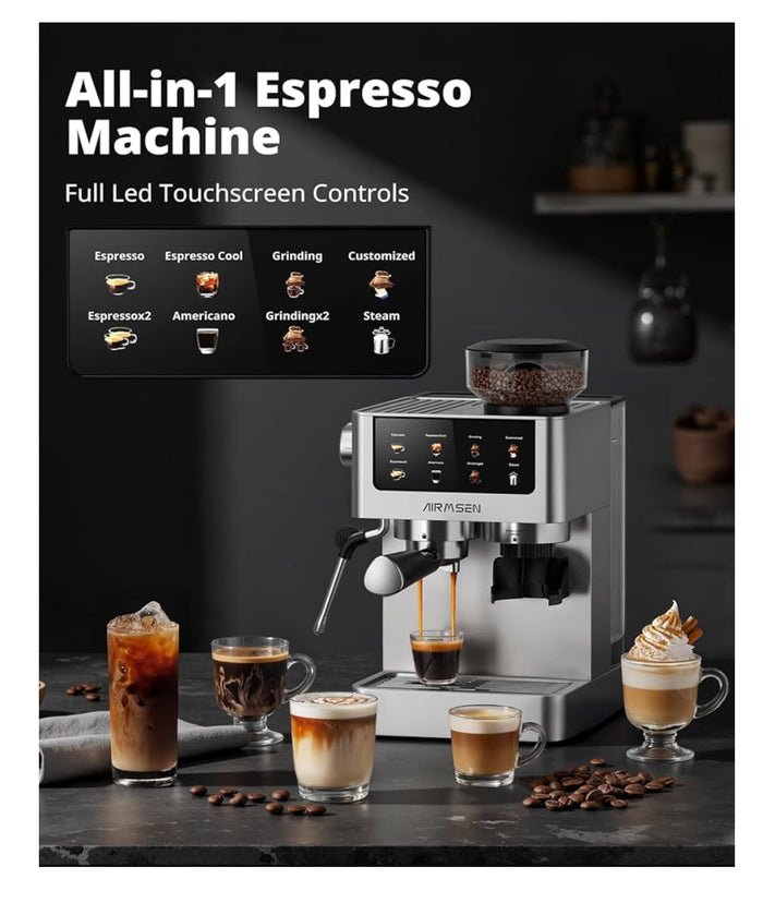 AIRMSEN Espresso Machines with Burr Grinder, 20 Bar, Milk Frother Steam Wand, Stainless Steel Coffee Maker for Home - Cappuccino Latte & Cold Brew Iced Coffee Maker & Americano