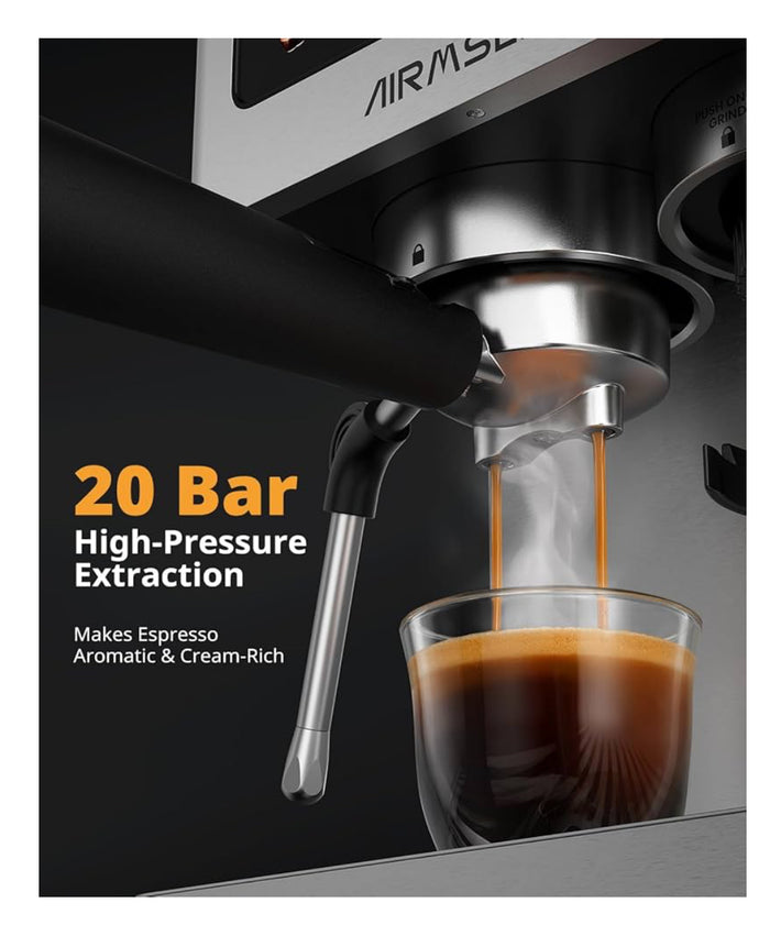 AIRMSEN Espresso Machines with Burr Grinder, 20 Bar, Milk Frother Steam Wand, Stainless Steel Coffee Maker for Home - Cappuccino Latte & Cold Brew Iced Coffee Maker & Americano