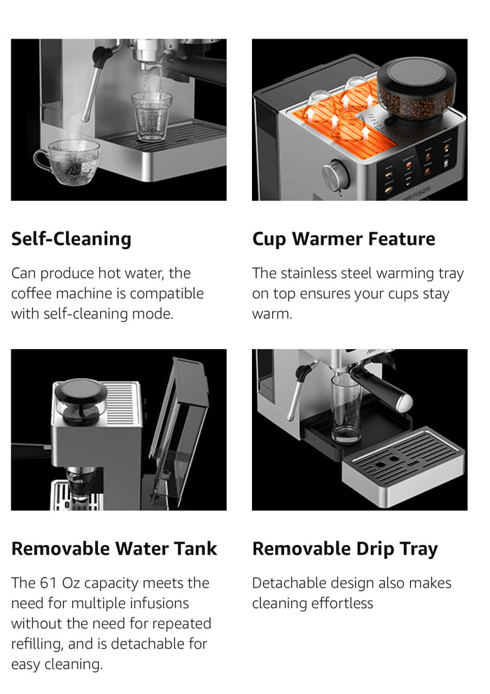 AIRMSEN Espresso Machines with Burr Grinder, 20 Bar, Milk Frother Steam Wand, Stainless Steel Coffee Maker for Home - Cappuccino Latte & Cold Brew Iced Coffee Maker & Americano