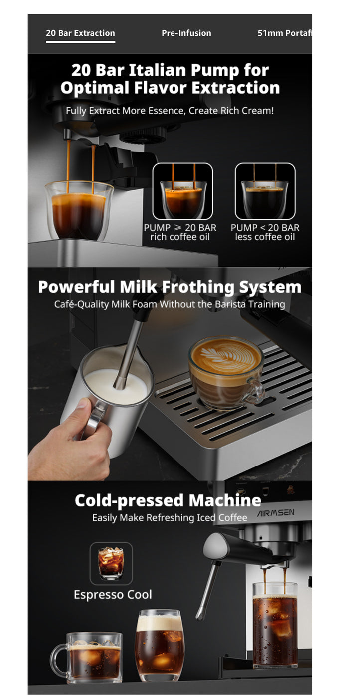 AIRMSEN Espresso Machines with Burr Grinder, 20 Bar, Milk Frother Steam Wand, Stainless Steel Coffee Maker for Home - Cappuccino Latte & Cold Brew Iced Coffee Maker & Americano