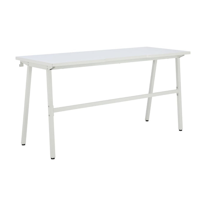 White executive desk with rectangular tabletop and crossbar support