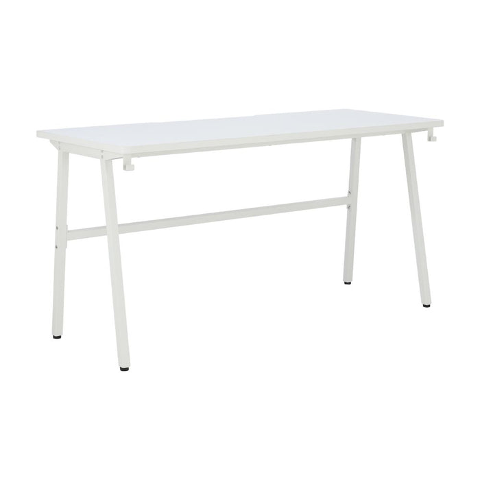 White executive desk side view with lower support bar and angled legs