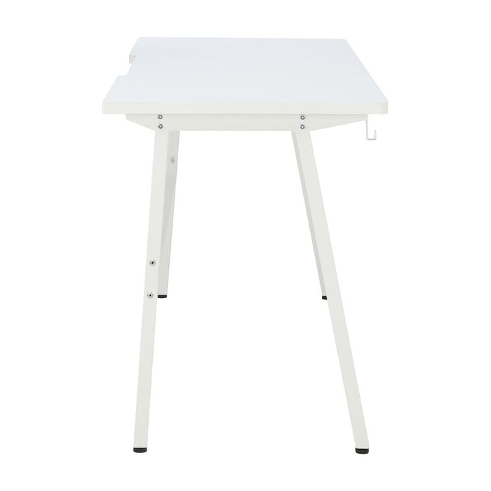 White rectangular desk top with visible mounting hardware and tapered legs