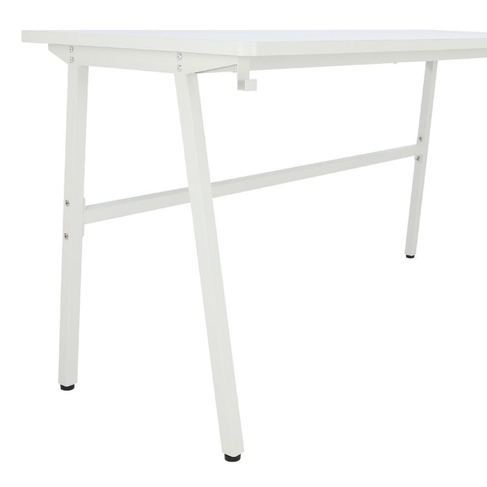 White desk frame with rectangular top, lower crossbar, and corner feet
