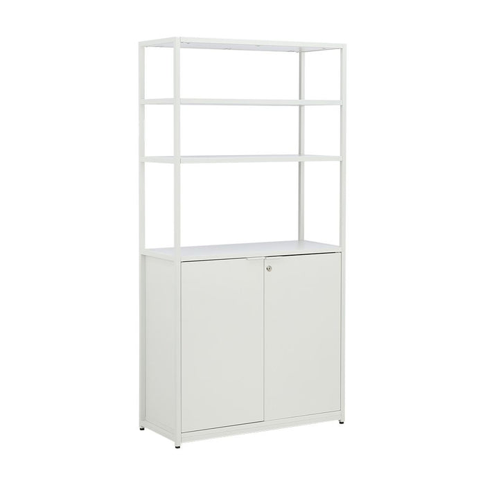 White display cabinet with open shelves and two lower cupboard doors, closed