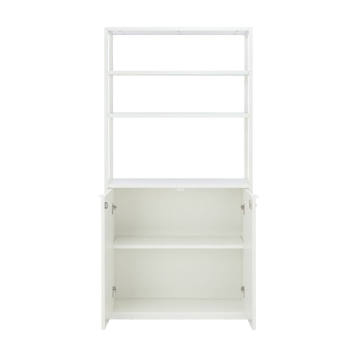 White display cabinet interior view with two open shelves and empty lower compartment