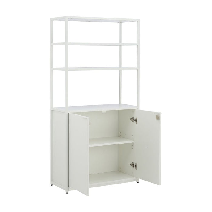 White display cabinet with open shelves and two lower doors, door opened to show interior
