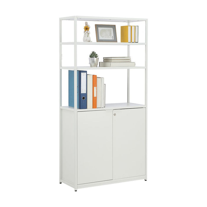 White display cabinet with open shelving and two lower storage doors