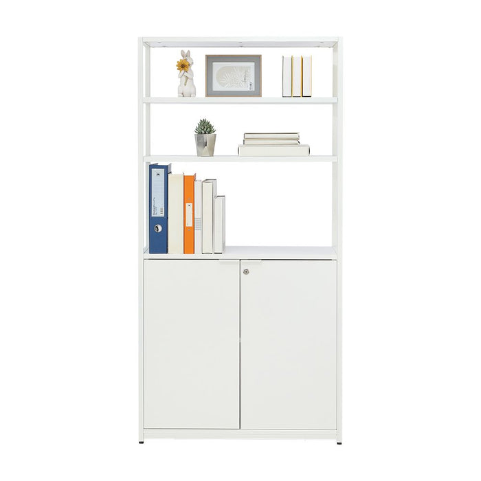 White display cabinet front view with open shelves and two lower cupboard doors