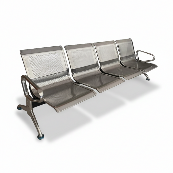 Silver 4-seat metal waiting chair with mesh seats and curved armrests