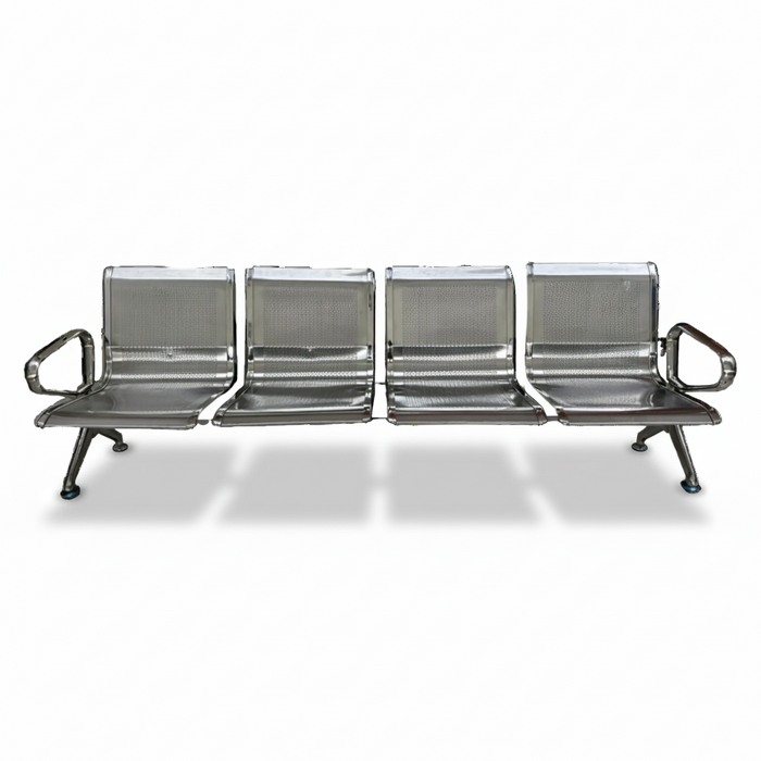 Silver 4-seat metal waiting chair bench with four mesh backrests and arm rails