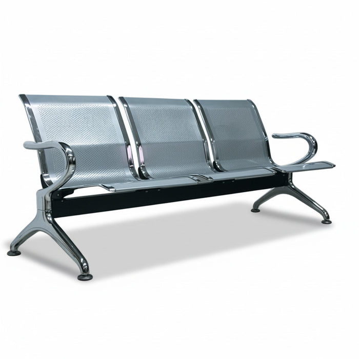 Three-seater gang chair in silver with curved armrests and mesh seats