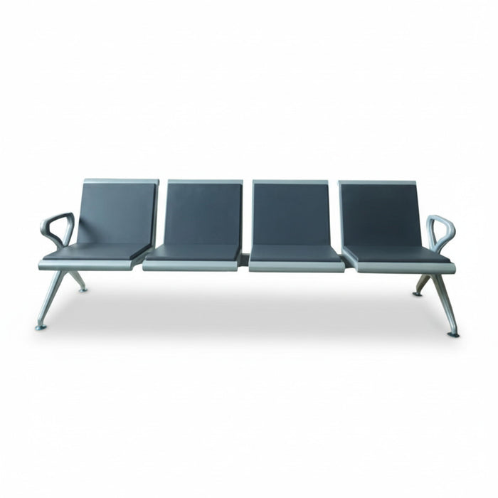 4-seater gang chair, black seats with silver metal frame and armrests
