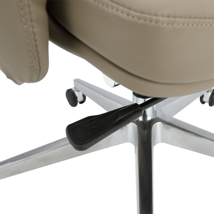 CHELLA executive chair detail: chrome base with black caster wheels