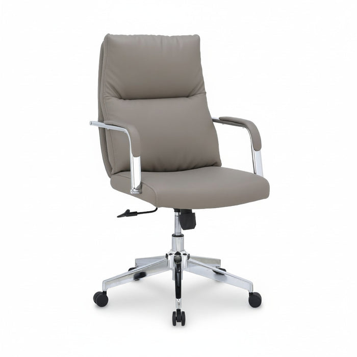 Taupe managerial chair with padded back and seat, chrome base, armrests, and casters.