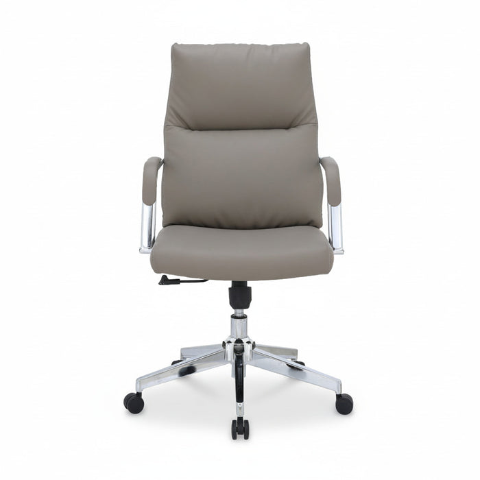 Taupe managerial chair with padded back and seat, chrome arms, swivel base, and casters.