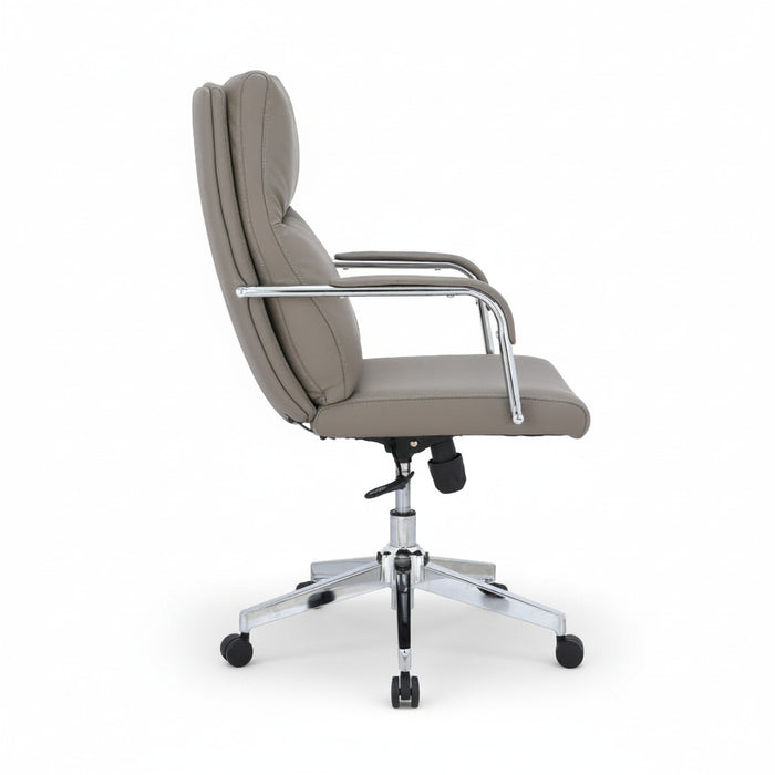 Taupe managerial chair with high padded back, chrome arm frame, swivel base, and casters.