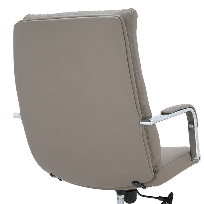 Taupe padded chair backrest with chrome frame and curved arm support.